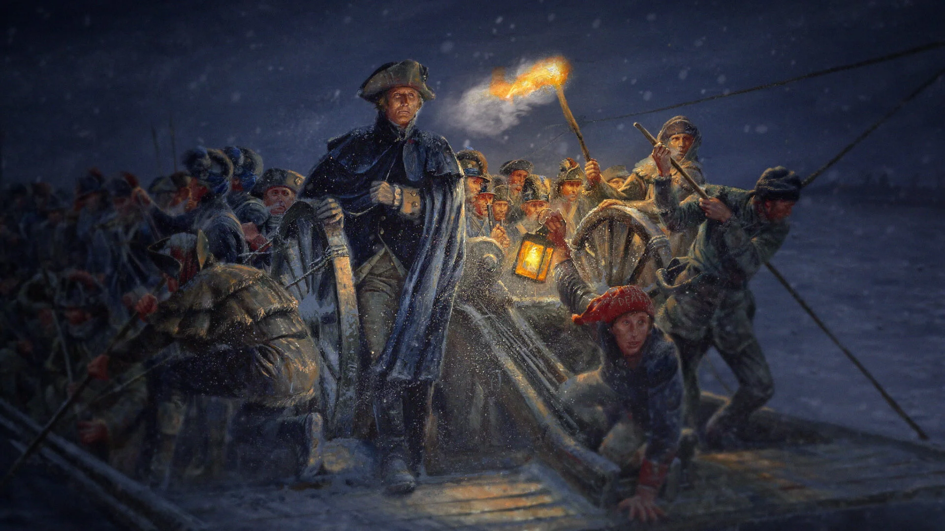 Mort Kunstler在二○一一年繪畫的《Washington’s Crossing》（圖為局部），糾正了德國畫家Emanuel Leutze一八五一年名作《Washington Crossing the Delaware》的錯誤，包括該畫所描繪的白天應為深夜、星條旗未出現、船太小、河面應只有冰碎而沒有冰山等。