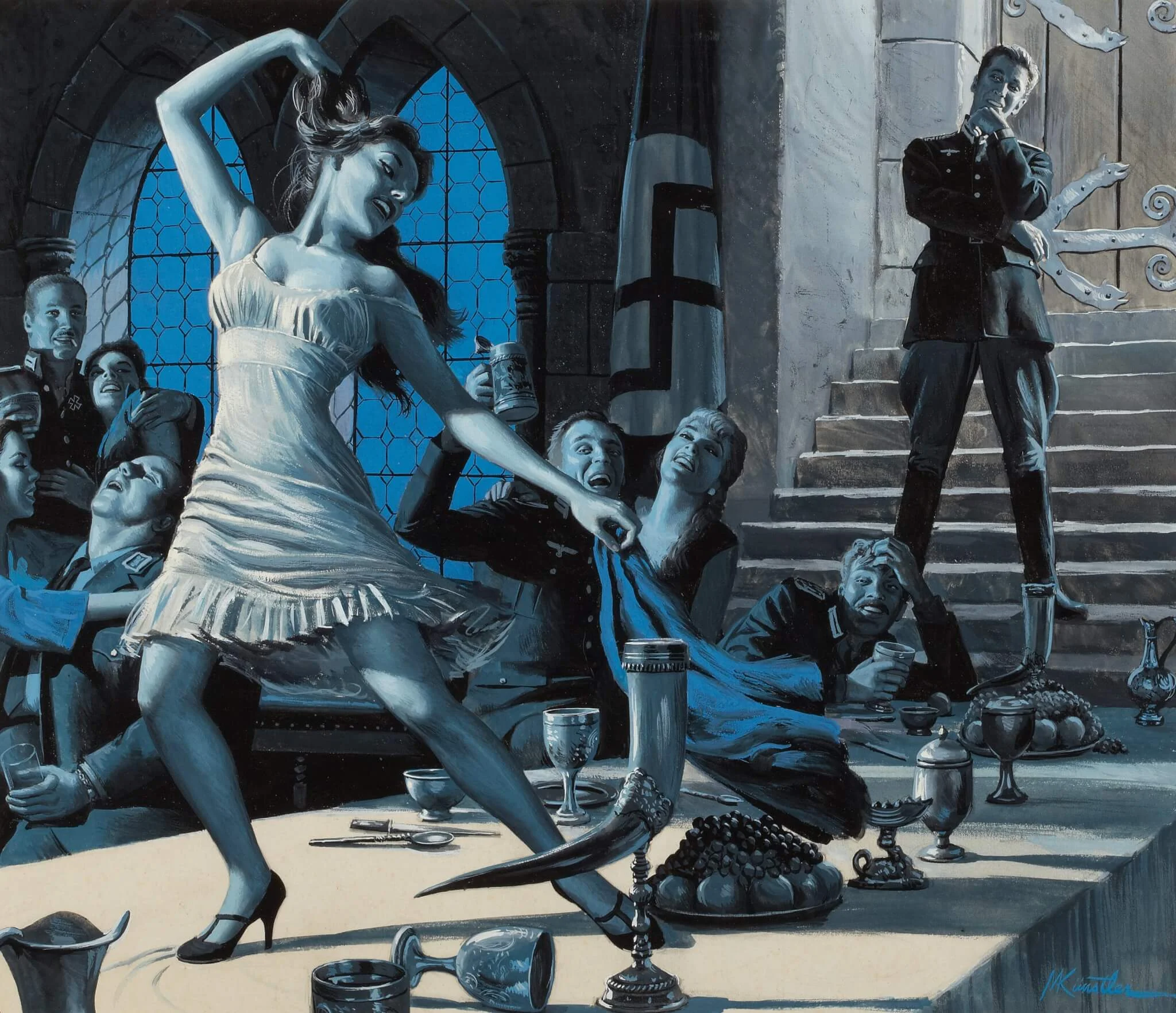 Mort Kunstler為了配合兩色印刷而繪畫的duotone作品，duotone的意思就是限定僅用黑色和另一種顏色而繪製的畫。這是當年出版商為了節省四色印刷開支但又想給人彩色感覺的「絕技」。紅色最常用，因為可以成為膚色，藍色其次，因為適合天空和晚上情景，其他還會用到綠色和黃色。美術總監預先為每期定下一個顏色，然後通知插畫家。最好的插畫家，可以憑此創造出彩色的效果，這是一種造詣極高的畫技，但因為絕大部分雜誌後來演變成全彩色印刷而慢慢失傳。留意Mort Kunstler的畫面雖然只用黑色和紅色，但因為不同深淺的對比，所以你會看到皮膚、皮革、泥土、手槍木柄等不同質感。藍色的場景，高光的頭髮會出現金色的錯覺，木門會出現淺棕色的錯覺，深灰色的納粹旗會出現暗紅色的錯覺，你還能輕易感受到不同物料的質感差距，例如金屬製的器皿和餐桌上的水果。