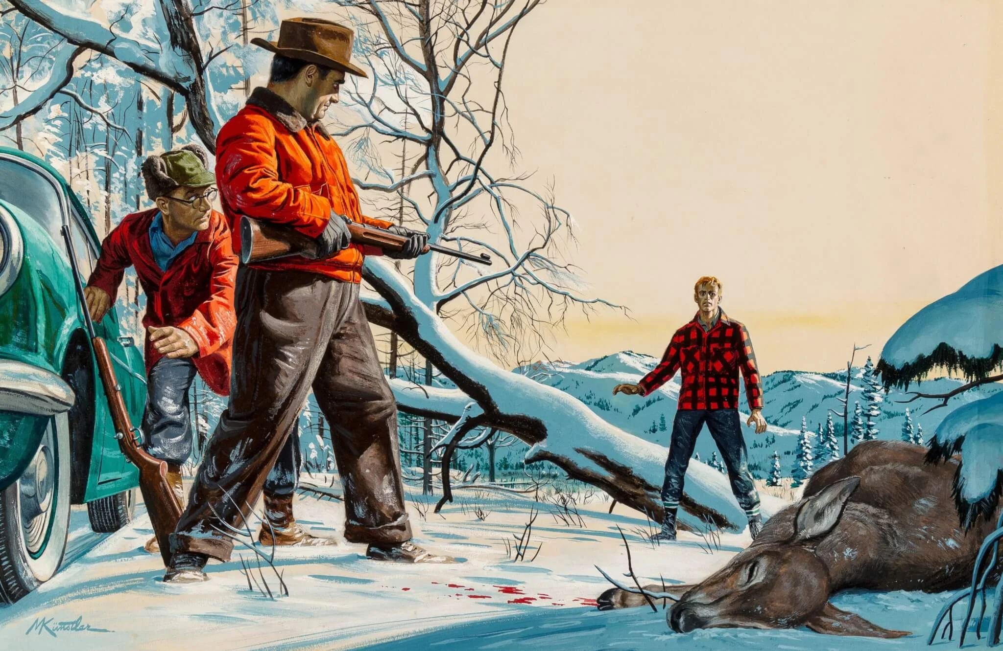 Mort Kunstler從Norman Rockwell的插畫裏學會了幾件法寶：一、用一切元素包括構圖和顏色去掌控讀者的視線；用情景和細節交代角色；三、呈現帶有「表情」的手。