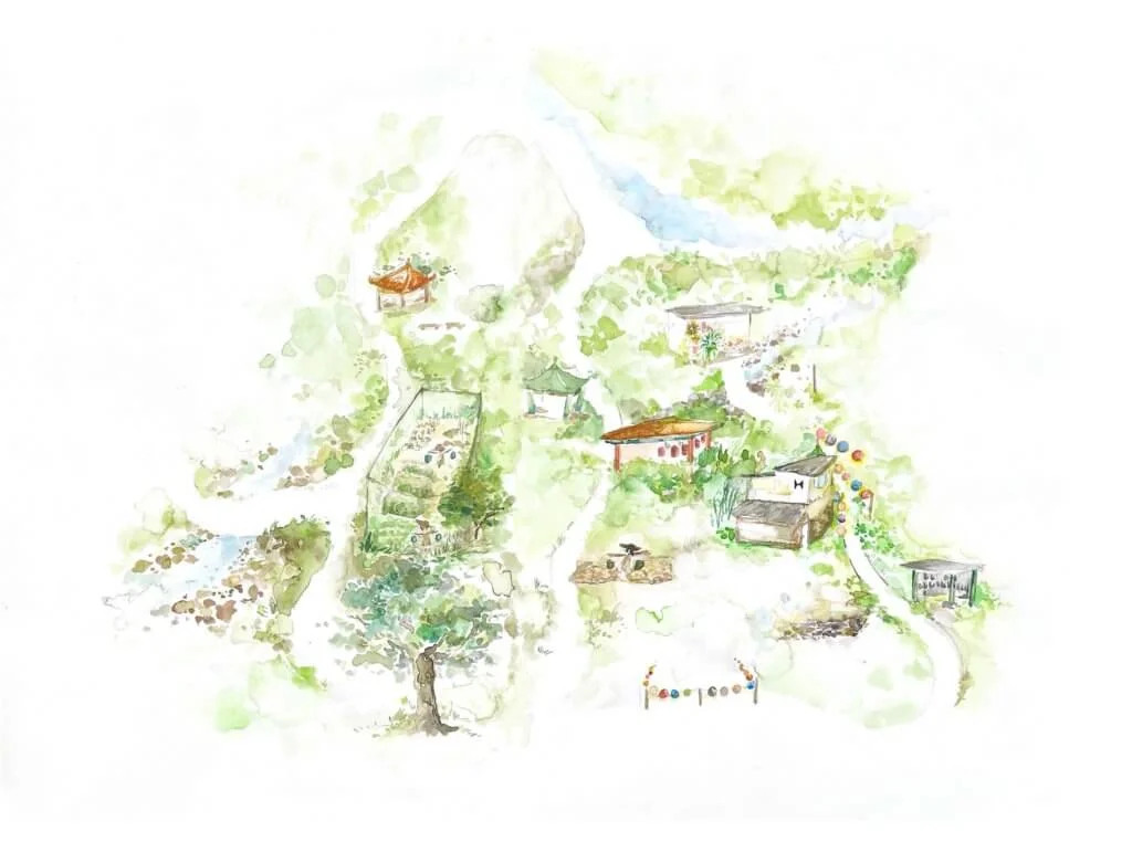 葉雯繪畫的石梨坑村地圖，當中可見她跟Kristy各自的家和一塊綠油油的梯田。