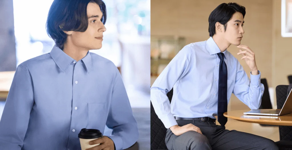 西裝免熨恤衫採用100%採用高級棉質牛津紡物料,質感順滑且具光澤,衣領內更加入一層挺生襯布配以稍長領尖設計,另有鈕扣領與半開領款式選擇,令衣領造型更見專業。