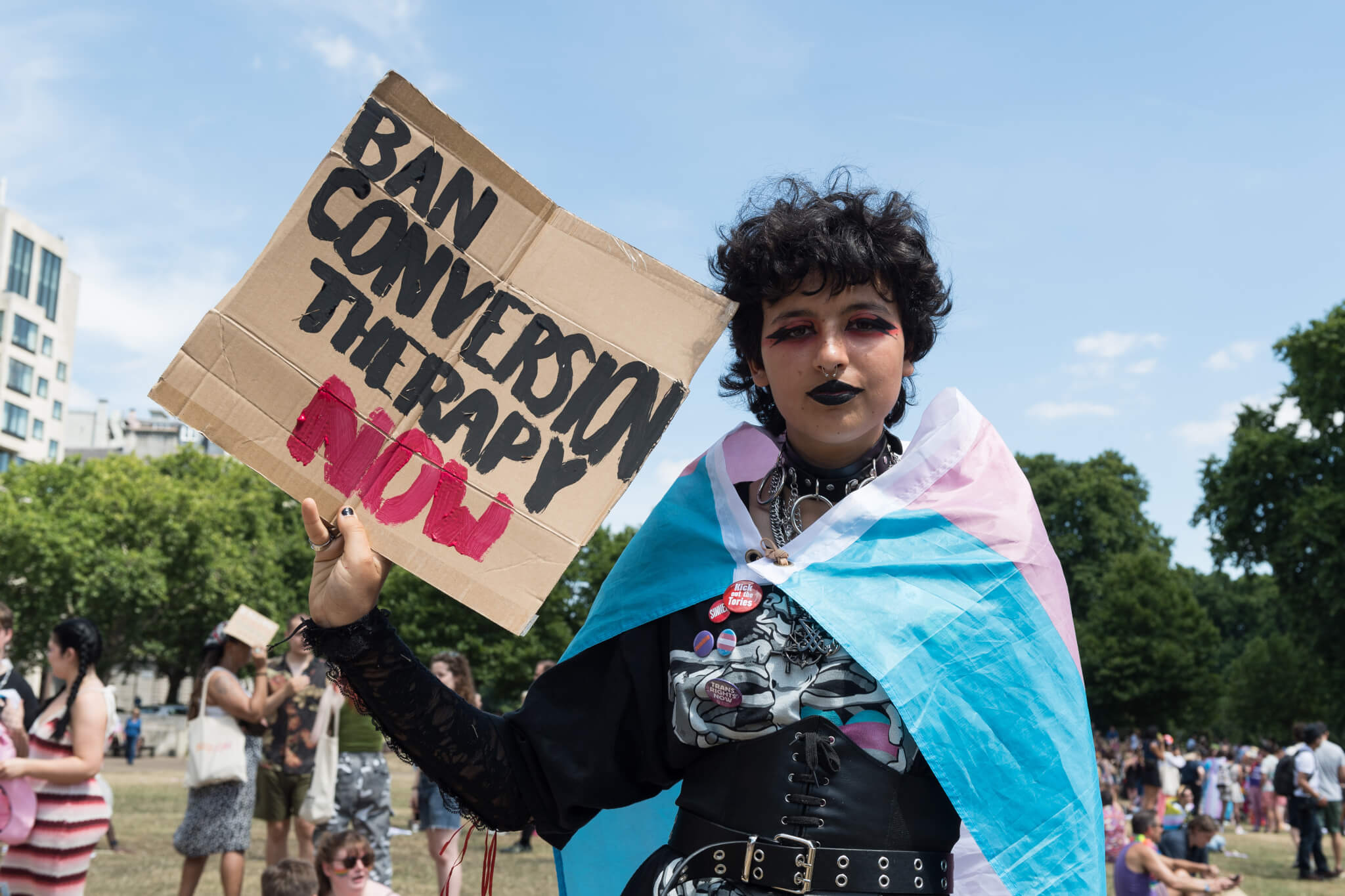LONDON, UNITED KINGDOM - JULY 09, 2022: Transgender people and their supporters gather at the Wellington Arch before marching through central London during the fourth Trans Pride protest march for equality on July 09, 2022 in London, England. Protesters demonstrate against the exclusion of trangender people from conversion therapy ban, call for abolition of the equalities watchdog Equalities and Human Rights Commission (EHRC) after a series of damaging interventions on trans rights, and show solidarity with Texan parents of trans children after the governor Greg Abbott compared gender-affirming healthcare to child abuse. (Photo by WIktor Szymanowicz/NurPhoto)