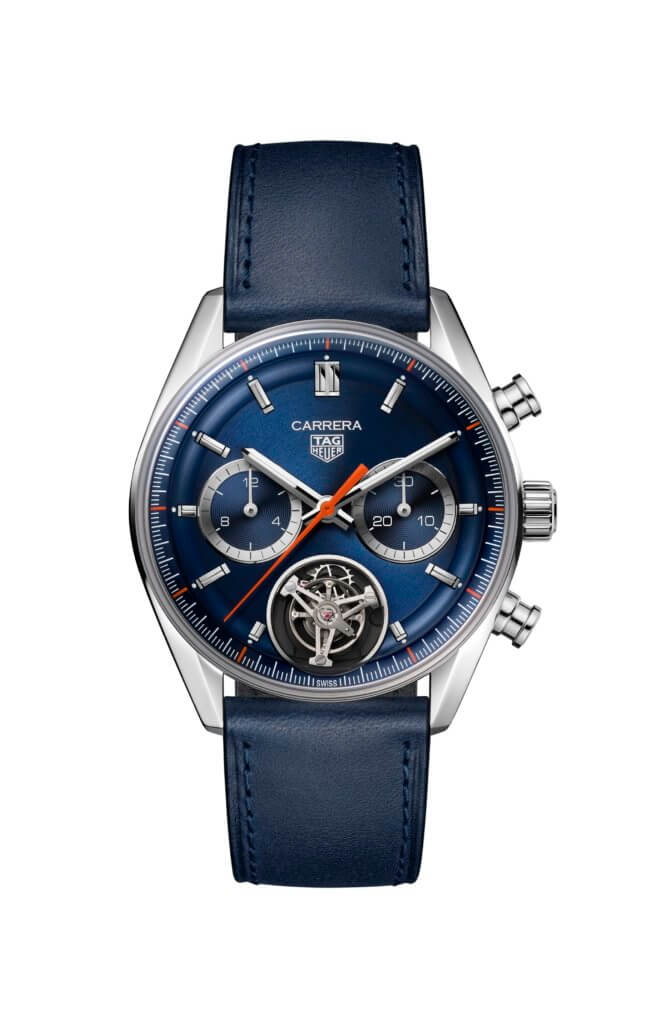 TAG HEUER CARRERA （卡萊拉系列）陀飛輪計時腕錶 CBS5010.FC6543 •經天文台認證的CALIBRE TH20-09機芯 • 42mm • 藍色凸緣錶圈，60秒/分鐘刻度 • 橙漆中央指針 