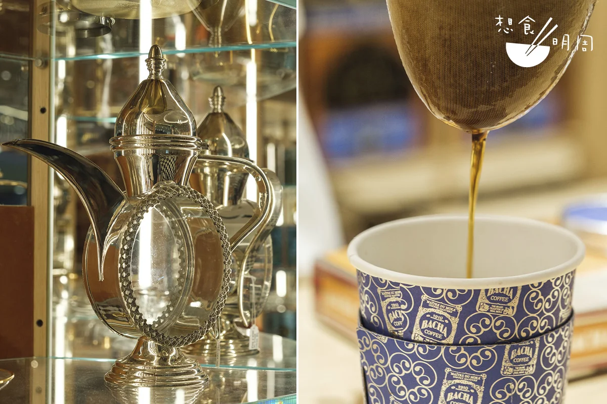 （左）一公升的阿拉伯風銀製咖啡壺，堪為鎮店之寶。（$23,382） （右）相較濾紙，用無漂白的純棉濾袋沖泡咖啡，口感更醇厚，貼近摩洛哥當地風味。