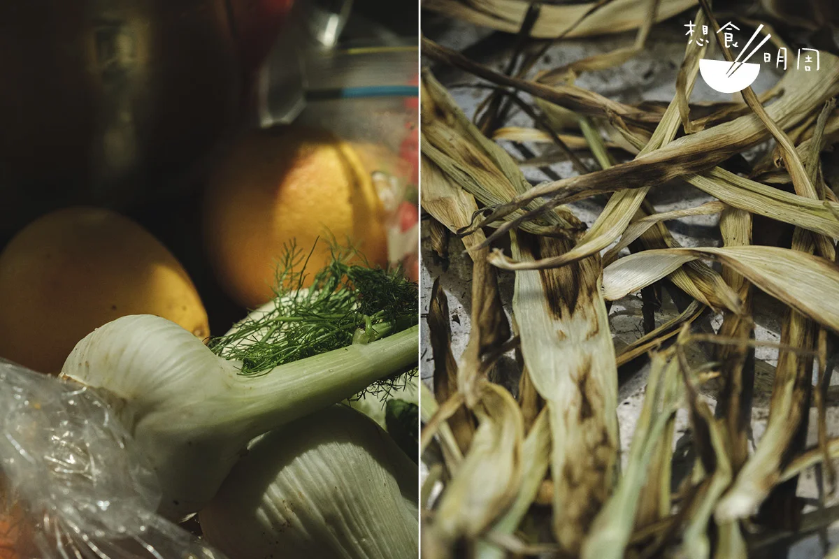 （左）雞尾酒給人的印象通常充滿水果香甜，而The Savory Project採用大於菜式當中常見的蔬菜香草，發揮雞尾酒的可能性。 （右）為了呈現燒粟米的風味，粟米葉以大半天時間炭火慢烤，過程當中還要不斷反轉粟米葉，以免產出焦味， 每杯雞尾酒背後所花的功夫也不簡單。