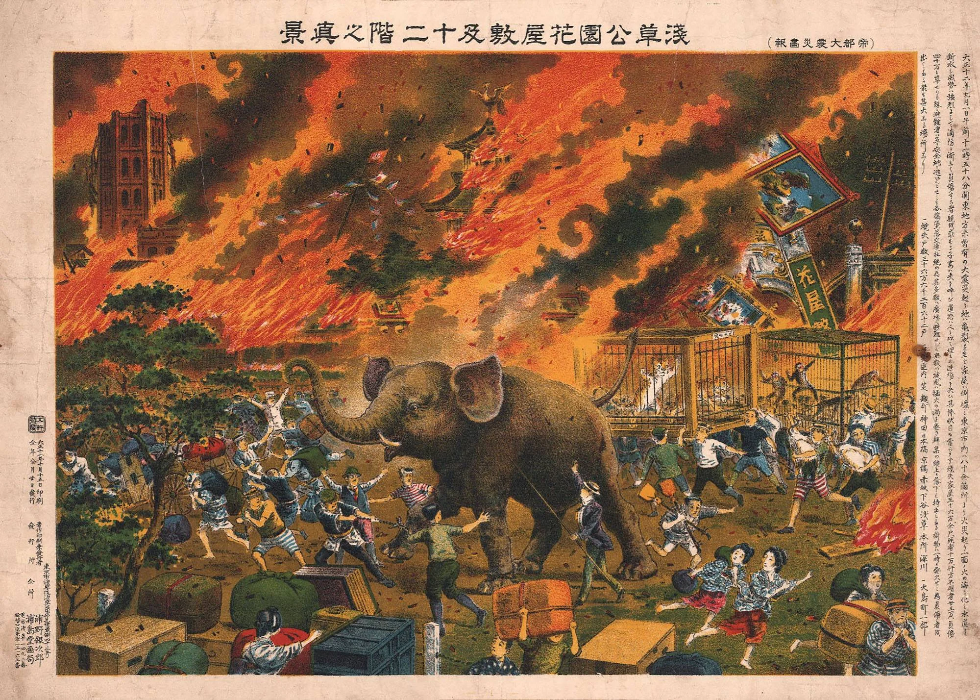 當時的圖畫，描繪人們在大火之中拯救一頭名為Johnny的動物園大象，背景仍見損毀的凌雲閣(又名淺草十二階)，該建築物原高十二層，因搖晃從八樓開始倒塌。