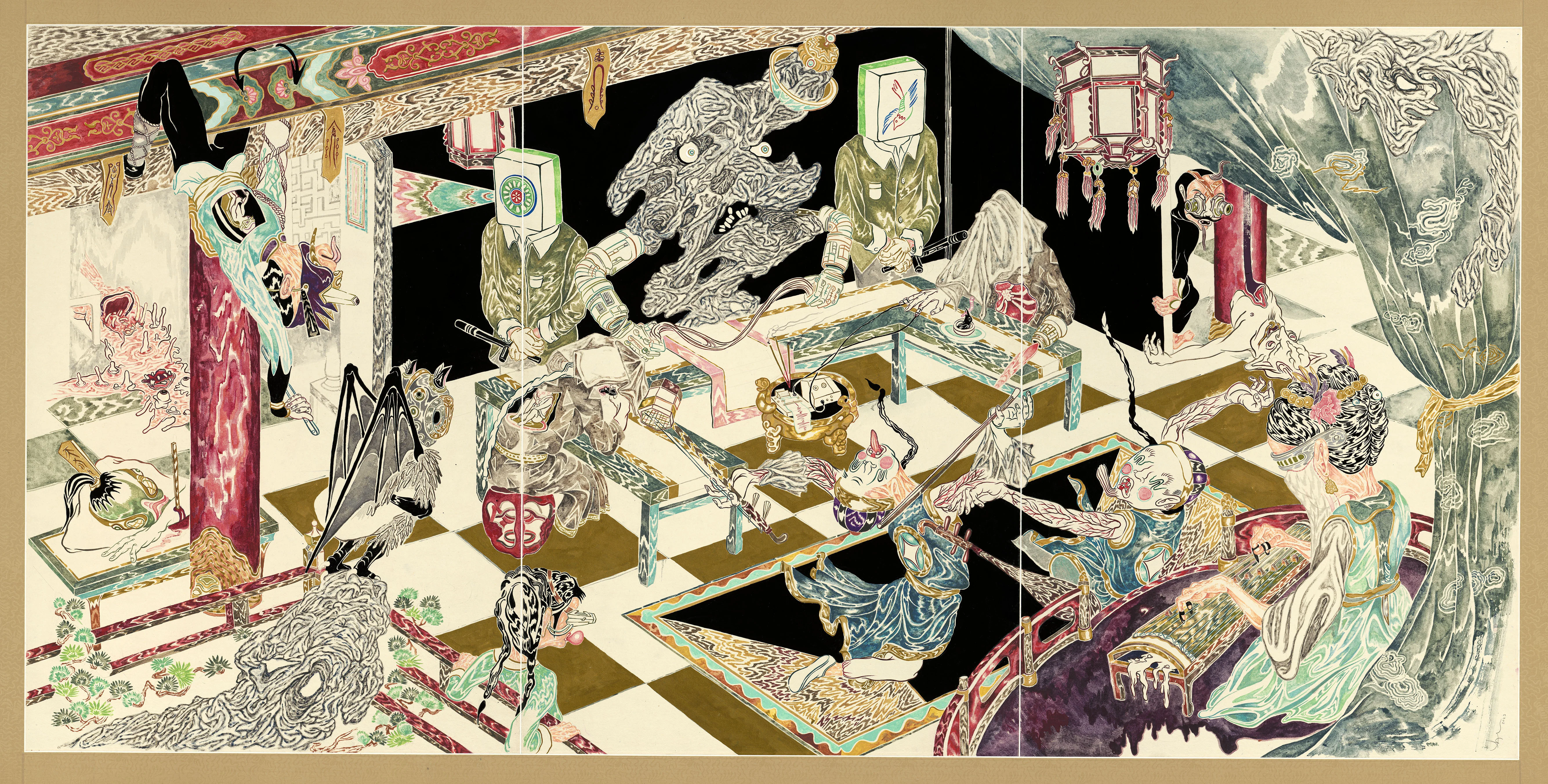 徐浩恩 （b. 1978）《盛宴》，2023 ，水墨 設色 宣紙，106.5 x 218 cm 。（圖片提供：藝術家及漢雅軒）