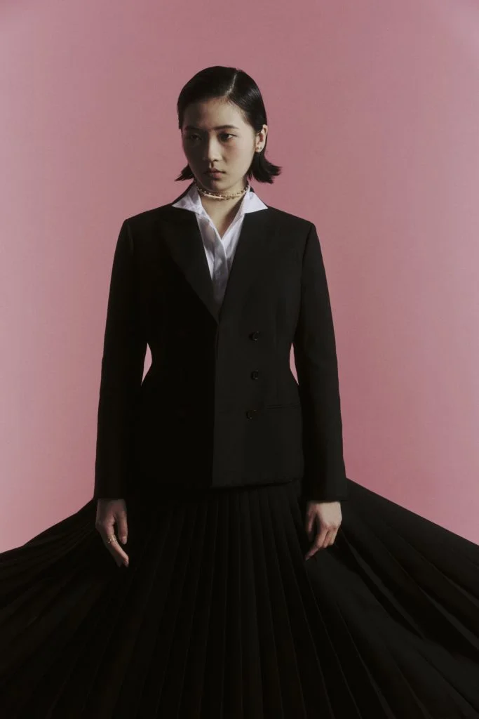 DIOR BLAZER IN BLACK WOOL AND MOHAIR COTTON POPLIN BLOUSE SKIRT IN BLACK WOOL AND MOHAIR PETIT CD EARRINGS D-BOOM NECKLACE