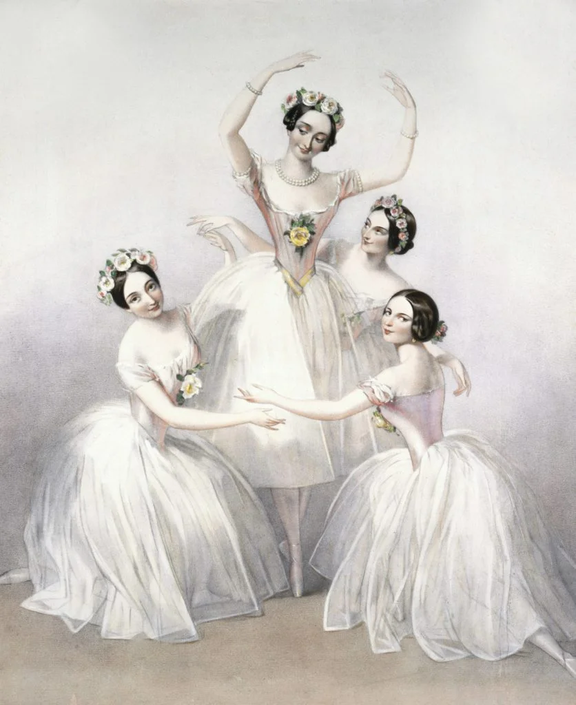 Marie Taglioni在巴黎演出的《仙女》（La Sylphide）為Tutu舞裙帶來改革Marie Taglioni in "La Sylphide" with Carlotta Grisi, Lucile Grahn and Fanny Cereito. By A.E. Chalon. 1846 (Photo by Austrian Archives / IMAGNO / APA-PictureDesk via AFP)