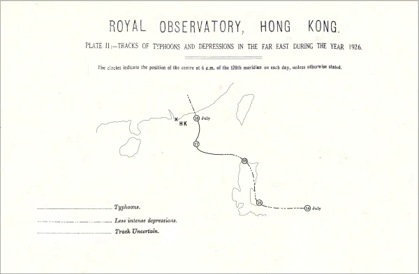 一九二六年七月十八及十九日影響香港的颱風路徑圖（圖片來自香港天文台網站）