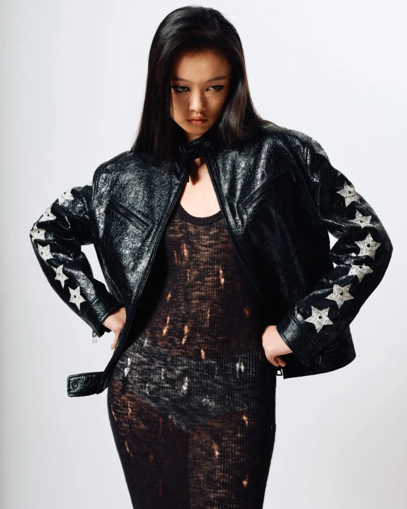 DIOR Black Leather Jacket  See-Through Knit Dress 