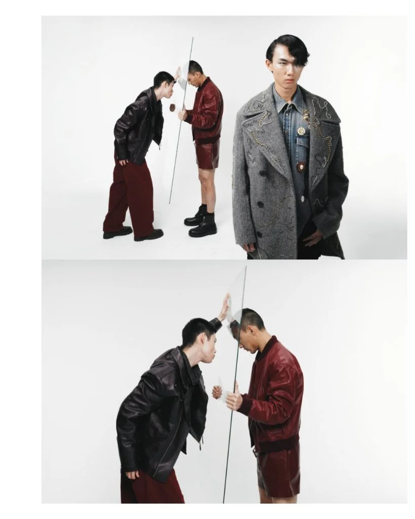 From left to right On HAMISH BERLUTI BIKER JACKET SHIRT DOLCE & GABBANA TROUSERS LORO PIANA BOOTS On JINZHOU DOLCE & GABBANA JACKET GUCCI SHORTS BOTTEGA VENETA BOOTS On FEIFEI DRIES VAN NOTEN from FARFETCH COAT DOLCE & GABBANA SHIRT 