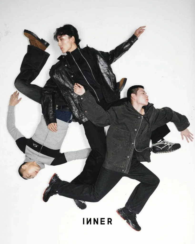 from left to right On JINZHOU BALENCIAGA JACKET PANTS BELT GIUSEPPE ZANOTTI BOOTS On FEIFEI THE WORLD IS YOUR OYSTER TOP RICK OWENS from I.T OVERSHIRT DRKSHDW BY RICK OWENS from MR PORTER TROUSERS MONCLER X RICK OWENS SNEAKERS On HAMISH SACAI HOODED JACKET FENDI TROUSERS CHRISTIAN LOUBOUTIN SNEAKERS 