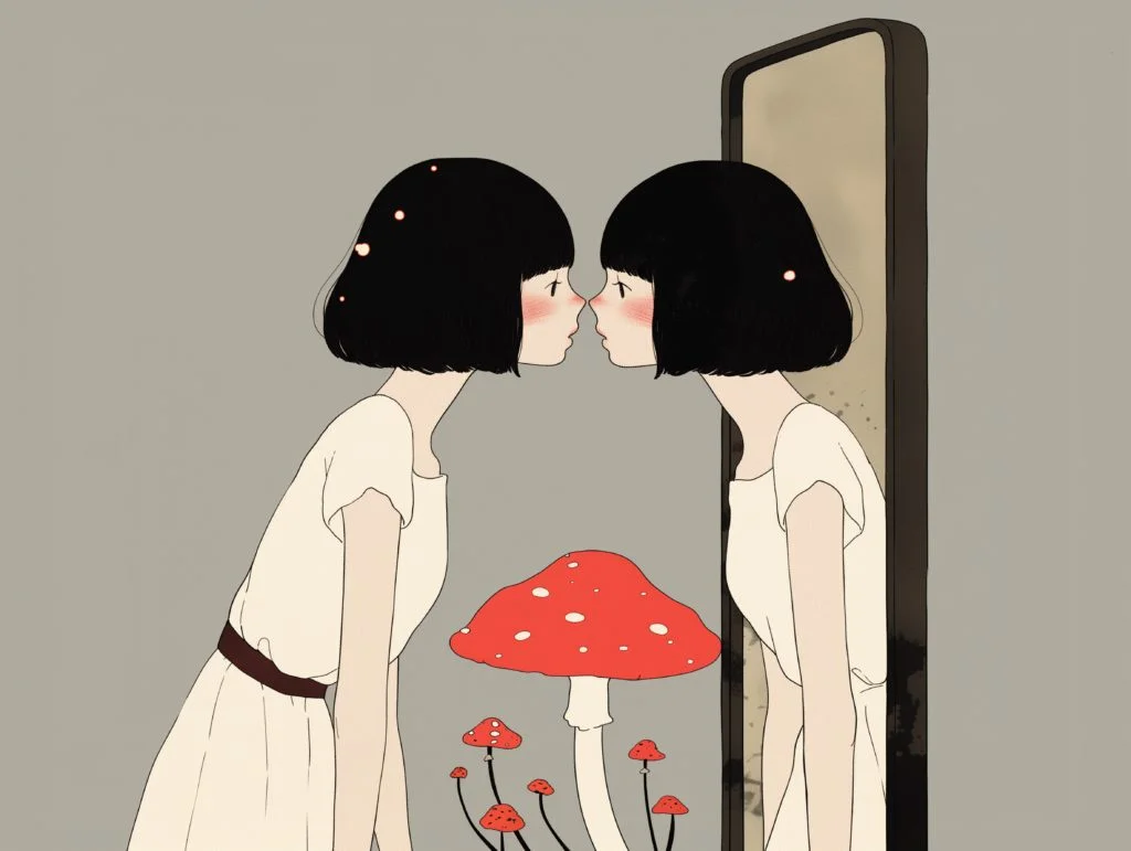 a girl in her twenties, in a simple white dress, she is looking into a mirror, a red mushroom with small black dots is growing on the tip of her nose, surreal but also funny feel --ar 4:3 --style raw --niji 6 Job ID: 58ee75cf-3f62-4a9f-8c8b-8a7bf9d9ed39