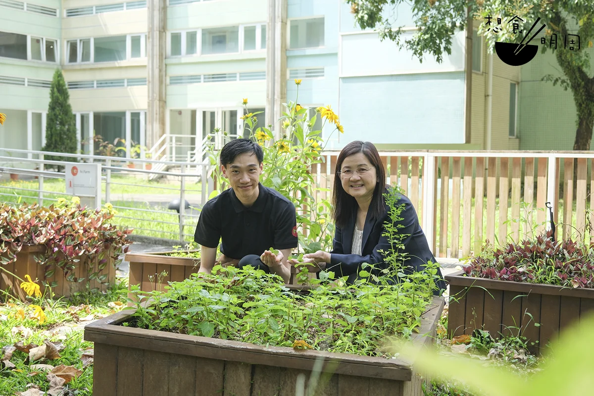 匡智會總部員工飯堂旁設有花圃和香草園，這是Zuie（右）最愛的角落之一。園內不僅為廚房提供新鮮香草，還可用於培訓學員從事園藝工作。