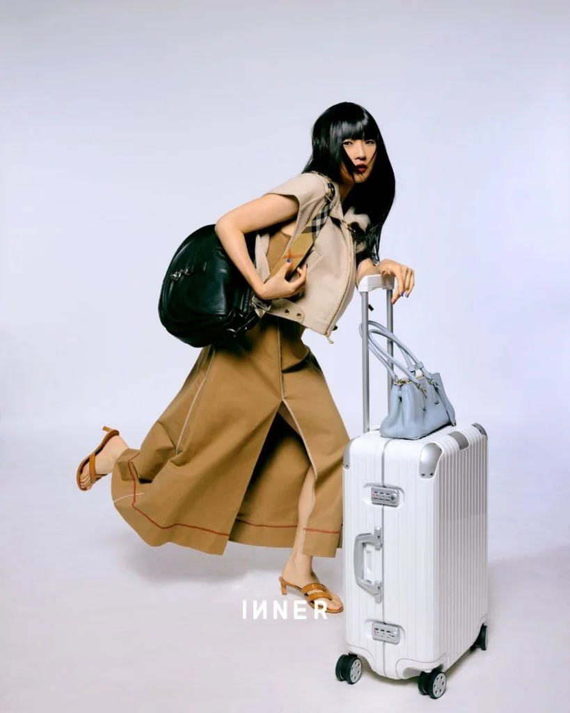 DRESS & MEDIUM-HEELED THONG SANDALS, FENDI SLEEVELESS SHORT HOODED PEA COAT, LOUIS VUITTON B CLIP MESSENGER BAG, BURBERRY eMEDIUM GALLERIA LEATHER BAG, PRADA HYBRID CHECK-IN M SUITCASE, RIMOWA