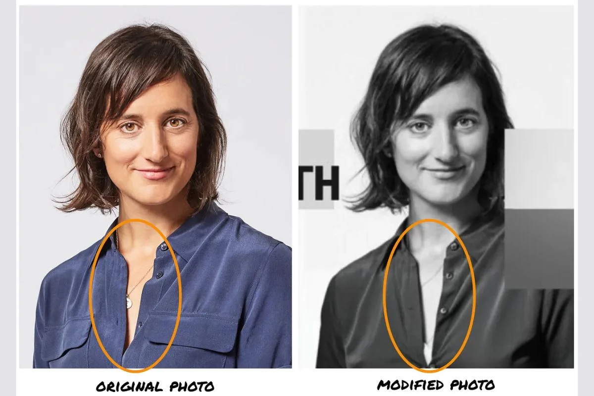 谷歌前員工Elizabeth Laraki受邀參加人工智能研討會，她原本提交的個人照片（左）被主辦方用AI工具調整尺寸後（右），露出胸罩邊緣，場面極為尷尬。（網上圖片）