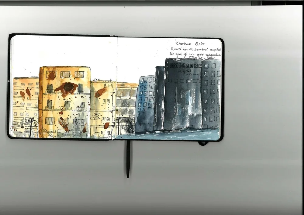 圖中建築物破損、煄黑。這是凡多古筆下，被戰火摧毀的蘇丹首都喀土穆。＠MSF 