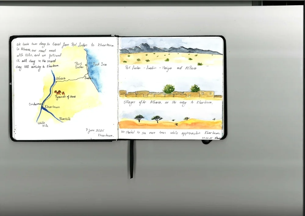 從蘇丹港往喀土穆的路上，凡多古途經努比亞金字塔群，並將之畫下。＠MSF