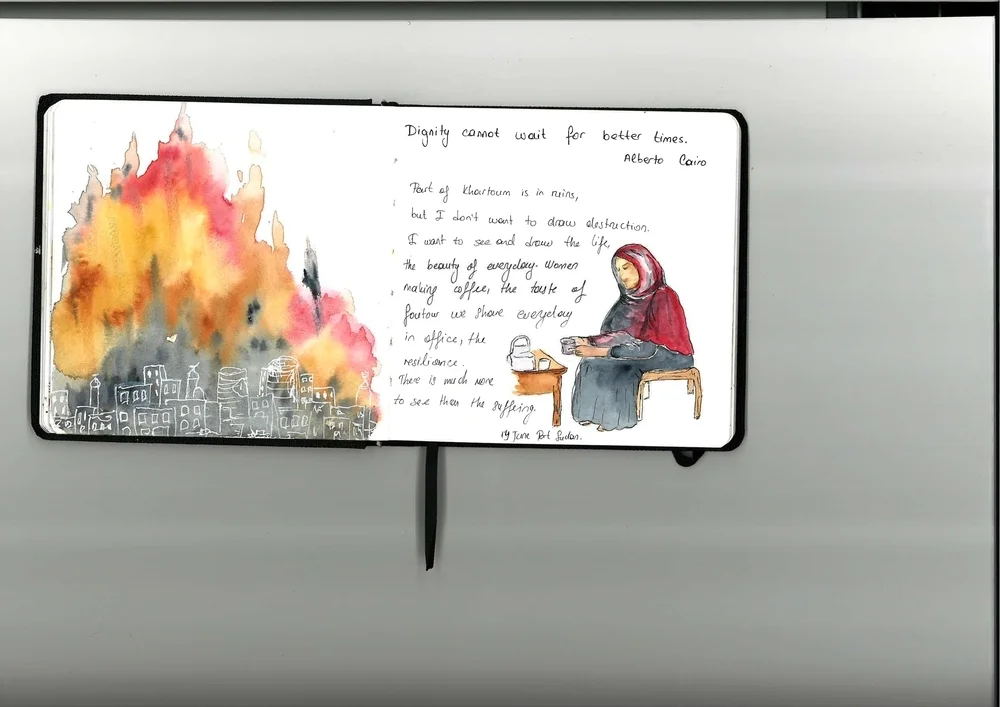 凡多古畫下蘇丹咖啡檔老闆娘。圖畫之上，她寫上意大利物理治療師兼人道工作者開羅（Alberto Cairo ）說過的一句話：「人的尊嚴無法等待更好的時代。（dignity cannot wait for better times）」＠MSF