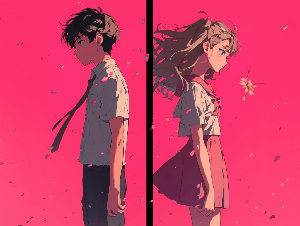 a pair of teenage boy and girl, the boy in a dress and the girl in shirt and pants, standing back to back, symmetrical --ar 77:58 --stylize 250 --niji 6 Job ID: ec1e9cd2-4abc-4e42-bd33-87d459e0f248