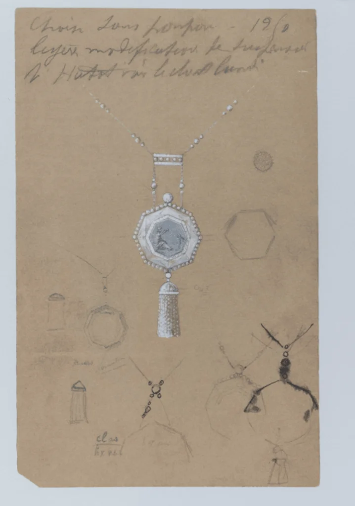 Léon Hatot（1883-1953年） 帶鏈和流蘇吊墜錶手繪設計圖（約1912年）