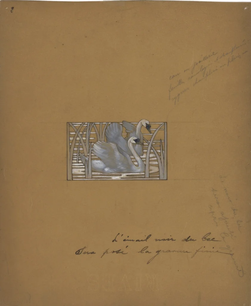 標注：「珠寶中的水，葉子⋯⋯層次以及內填琺瑯，天鵝採用內填琺瑯製作。喙部完成雕刻後，再施以黑色琺瑯。」 René Lalique（1860-1945年) 兩隻天鵝」胸針手繪設計圖（約1900年）