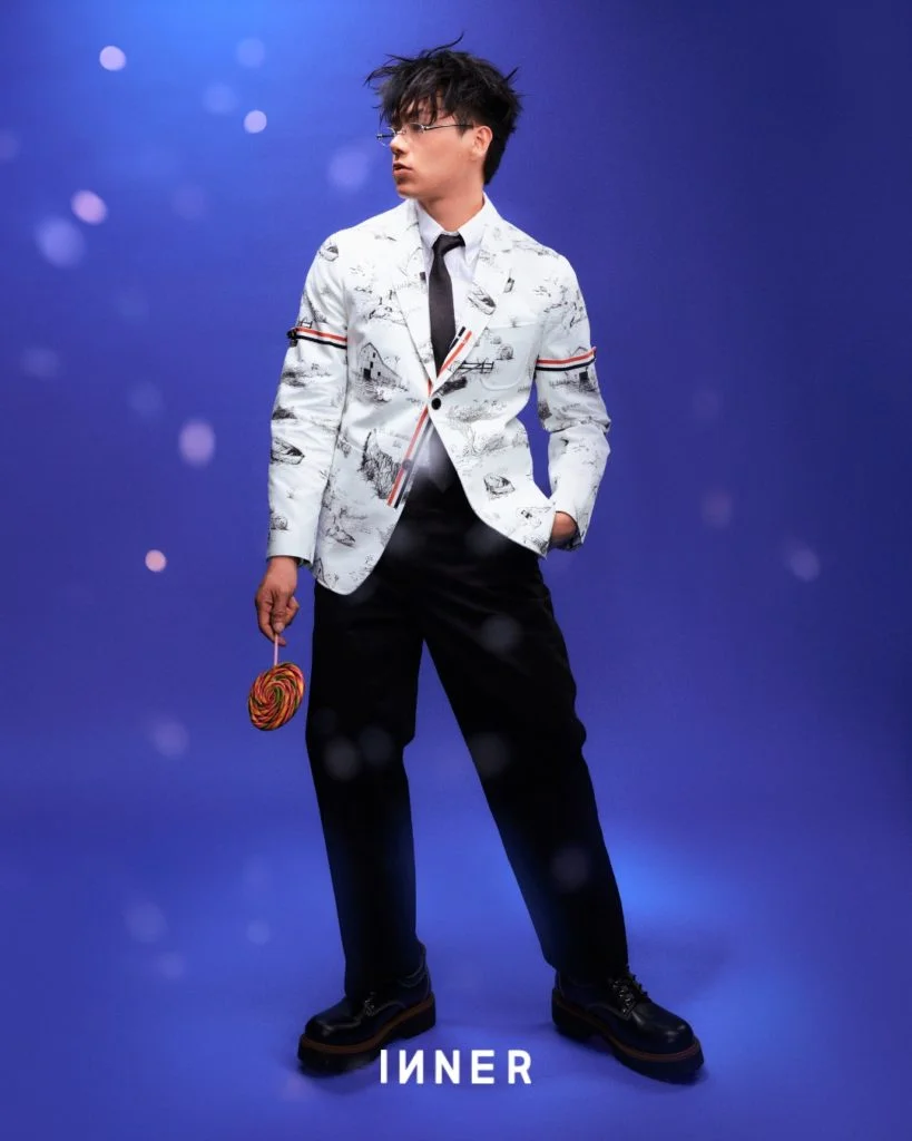 Blazer, shirt, tie & pants, Thom Browne (from JOYCE) Shoes, Louis Vuitton