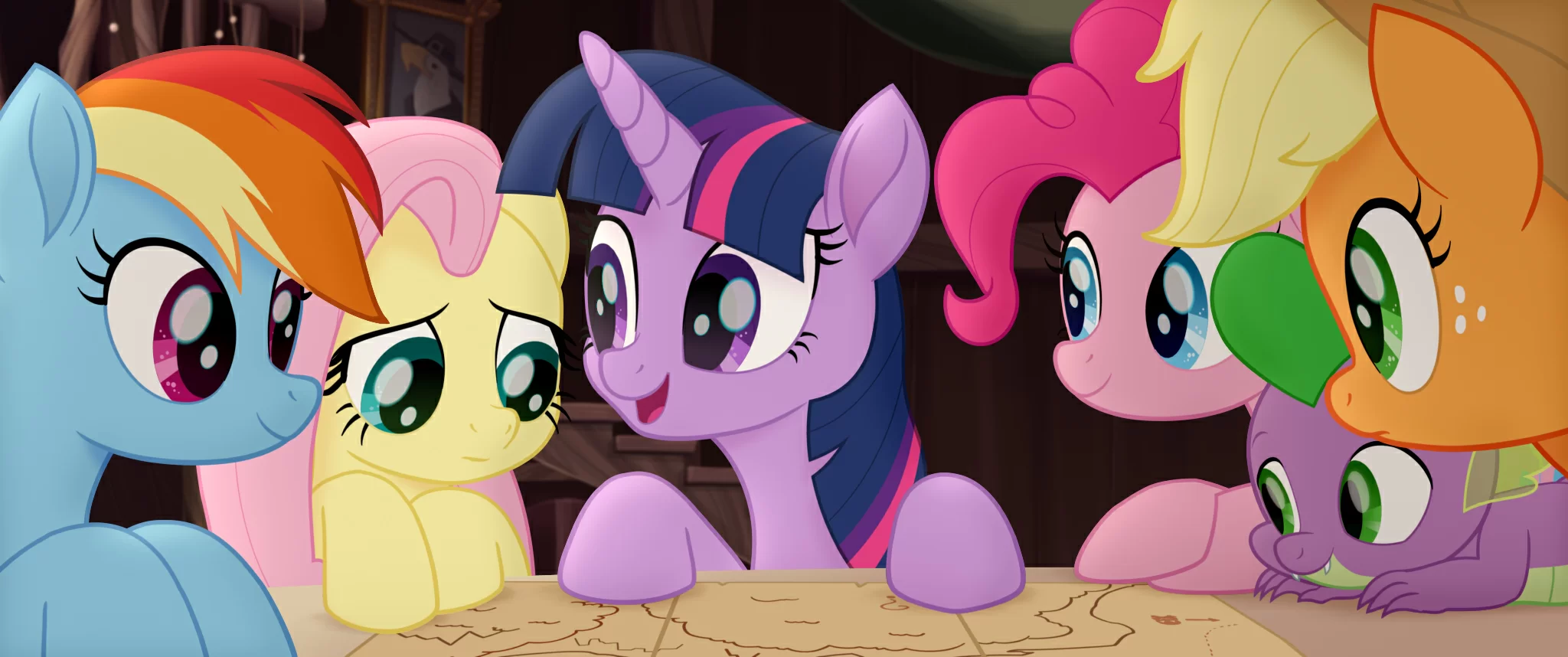 From L to R: RAINBOW DASH (Ashleigh Ball), RARITY (Tabitha St. Germain), TWILIGHT SPARKLE (Tara Strong), PINKIE PIE (Andrea Libman), SPIKE (Cathy Weseluck) and APPLEJACK (Ashleigh Ball) in MY LITTLE PONY: THE MOVIE.