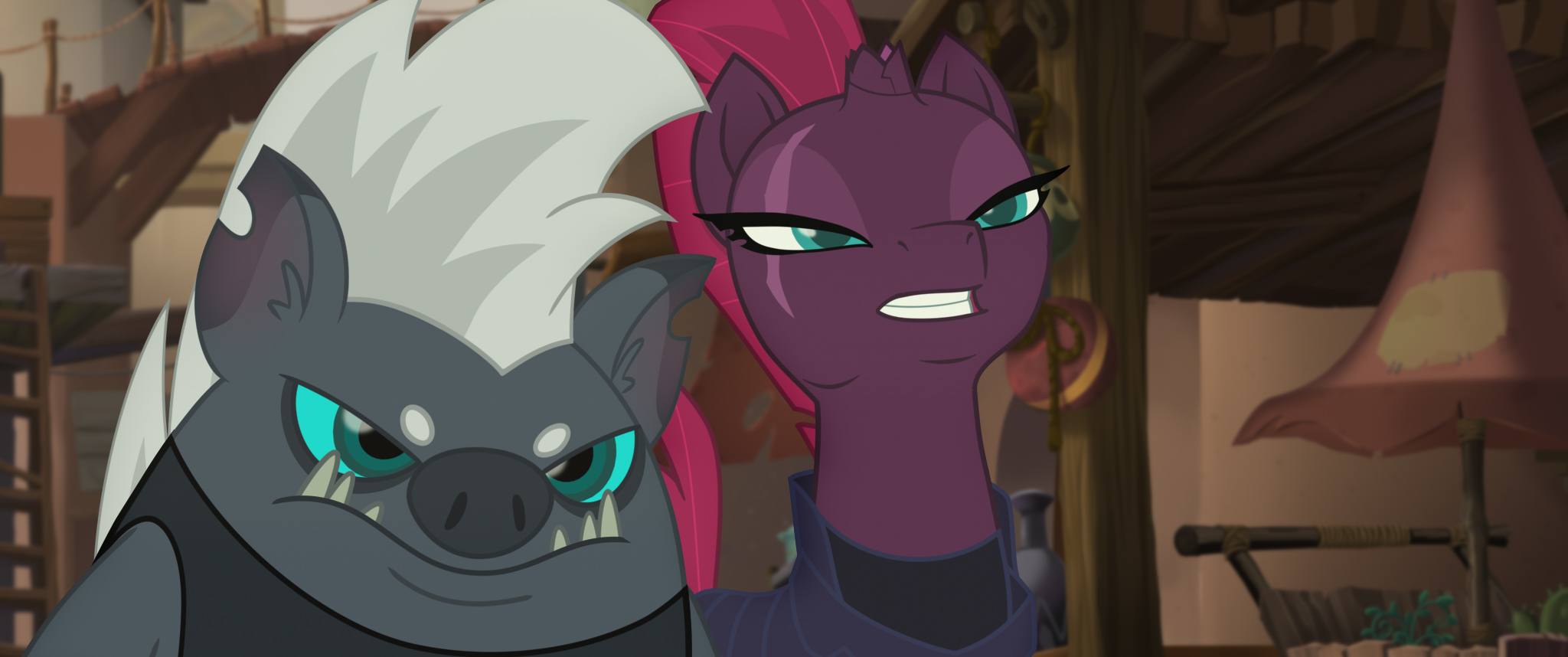 GRUBBER (Michael Peña) and TEMPEST SHADOW (Emily Blunt) in MY LITTLE PONY: THE MOVIE.