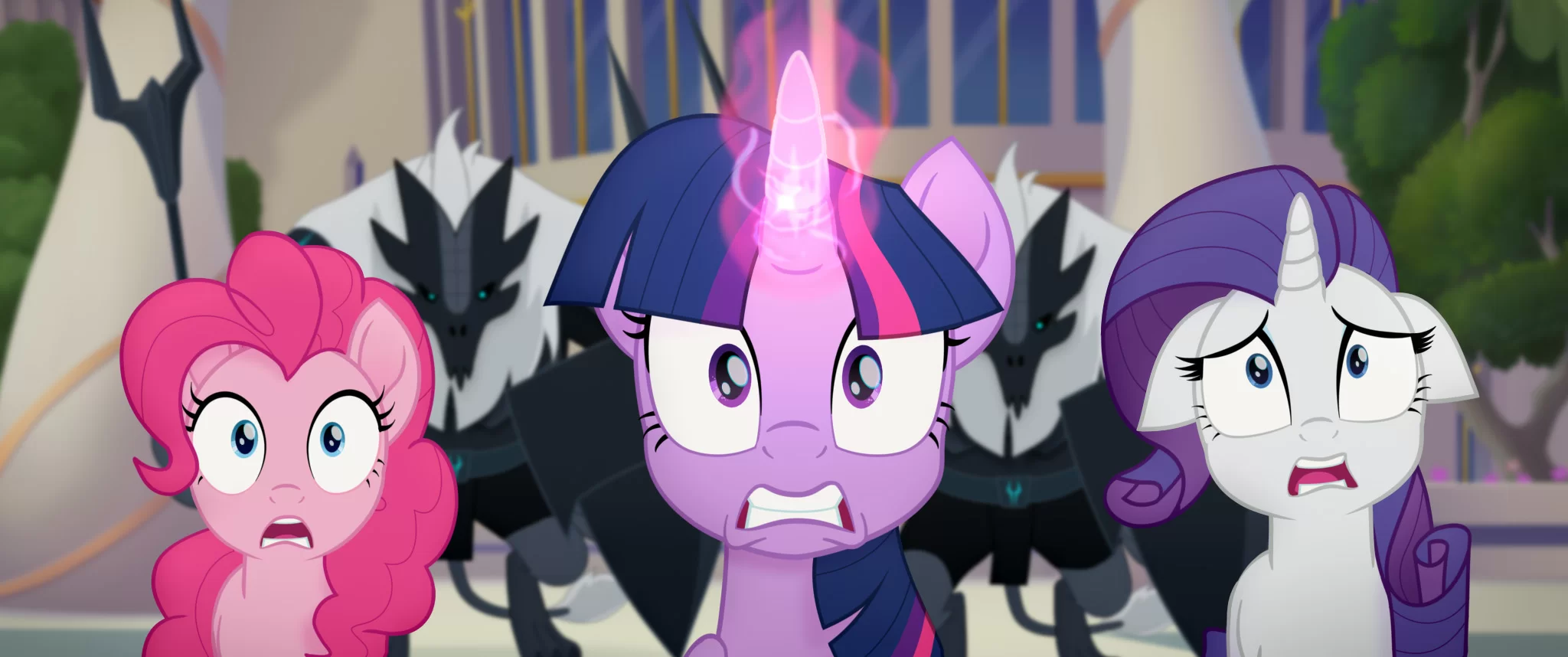 From L to R: PINKIE PIE (Andrea Libman), TWILIGHT SPARKLE (Tara Strong) and RARITY (Tabitha St. Germain) in MY LITTLE PONY: THE MOVIE.