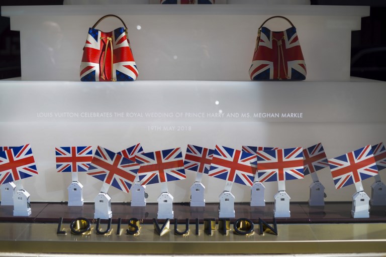 Louis Vuitton's flagship store celebrates the wedding of Prince Harry of Wales and U.S. actress Meghan Markle in Central London, on May 17, 2018. St George's Chapel at Windsor Castle will host the wedding of Prince Harry and Meghan Markle. The town, which gives its name to the Royal Family, is ready for the events as the shops started to sell the official merchandise of the pair. (Photo by Alberto Pezzali/NurPhoto)