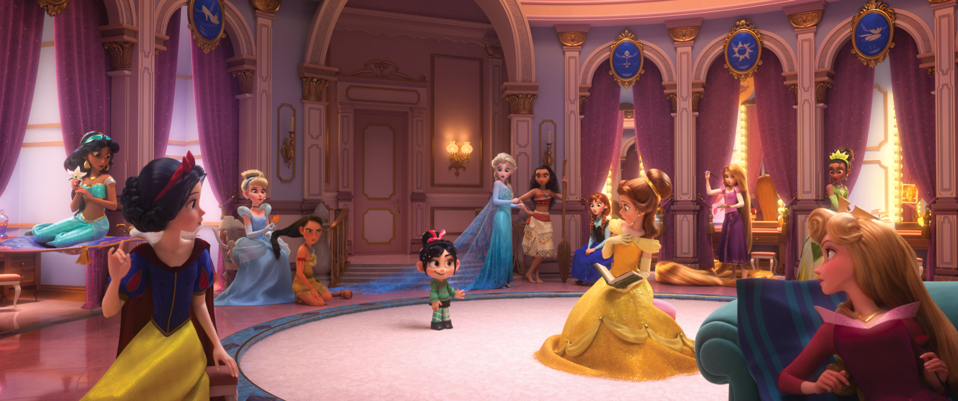 ROYAL REUNION – In “Ralph Breaks the Internet: Wreck It Ralph 2,” Vanellope von Schweetz—along with her best friend Ralph—ventures into the uncharted world of the internet. When she finds herself surrounded by Disney princesses, she’s surprised to learn that she actually has a lot in common with them. The scene, highlighted in a new trailer for the film, features several of the original princess voices, including Auli‘i Cravalho (“Moana”), Kristen Bell (Anna in “Frozen”), Idina Menzel (Elsa in “Frozen”), Kelly MacDonald (Merida in “Brave”), Mandy Moore (Rapunzel in “Tangled”), Anika Noni Rose (Tiana in “The Princess and the Frog”), Ming-Na Wen (“Mulan”), Irene Bedard (“Pocahontas”), Linda Larkin (Jasmine in “Aladdin”), Paige O’Hara (Belle in “Beauty and the Beast”) and Jodi Benson (Ariel in “The Little Mermaid”). Featuring Sarah Silverman as the voice of Vanellope, “Ralph Breaks the Internet: Wreck It Ralph 2” opens in theaters nationwide Nov. 21, 2018. ©2018 Disney. All Rights Reserved.