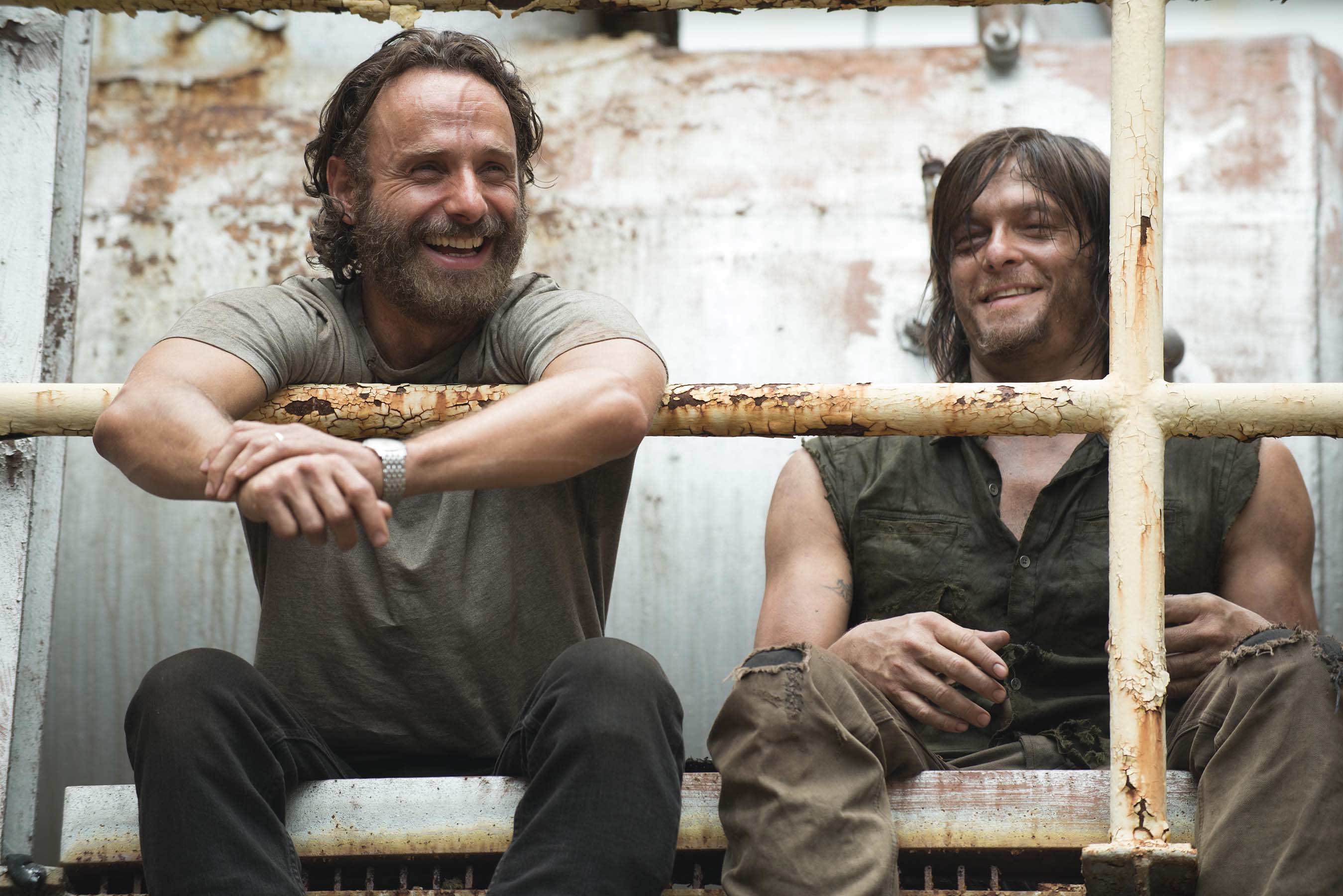 Andrew Lincoln and Norman Reedus - The Walking Dead _ Season 5, Episode 7 _ BTS - Photo Credit: Gene Page/AMC