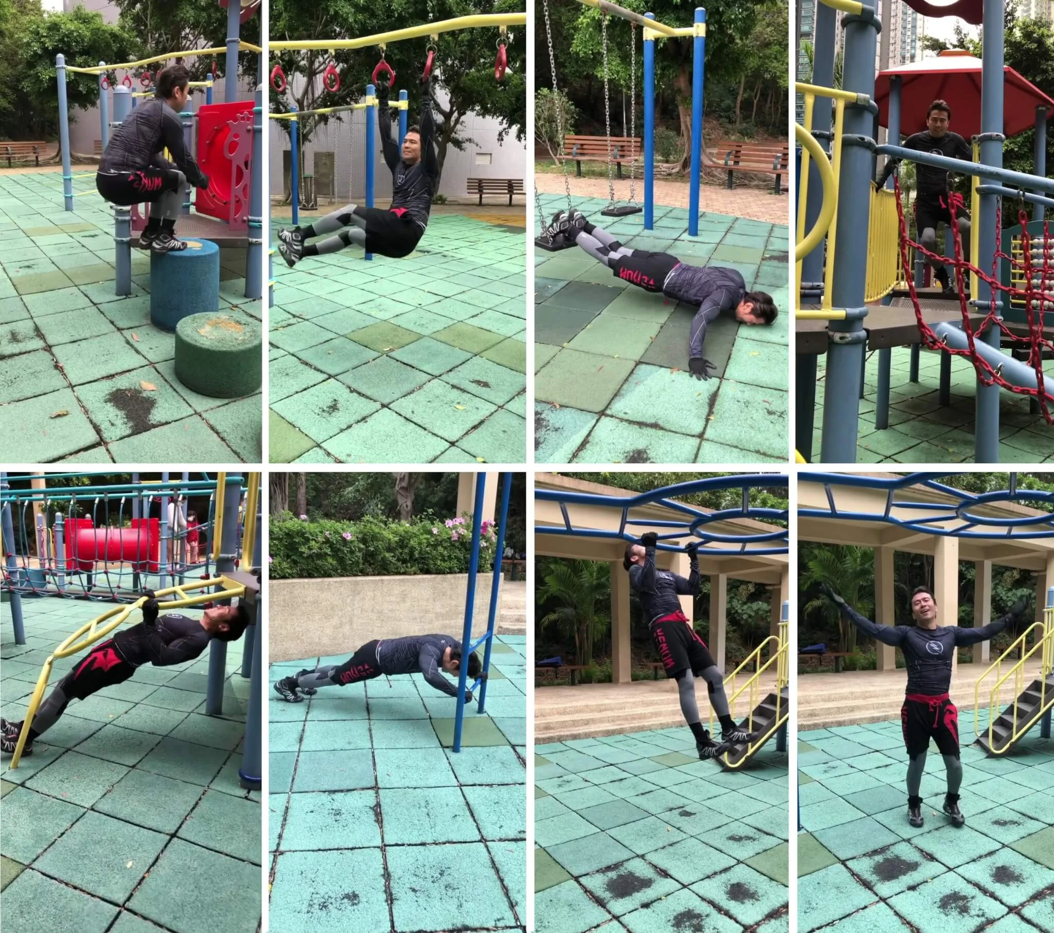 唐文龍不斷穿梭於公園遊樂設施，掌上壓、引體上升，將最基本的鍛鍊動作再加重強度，三分鐘內體能大爆發。