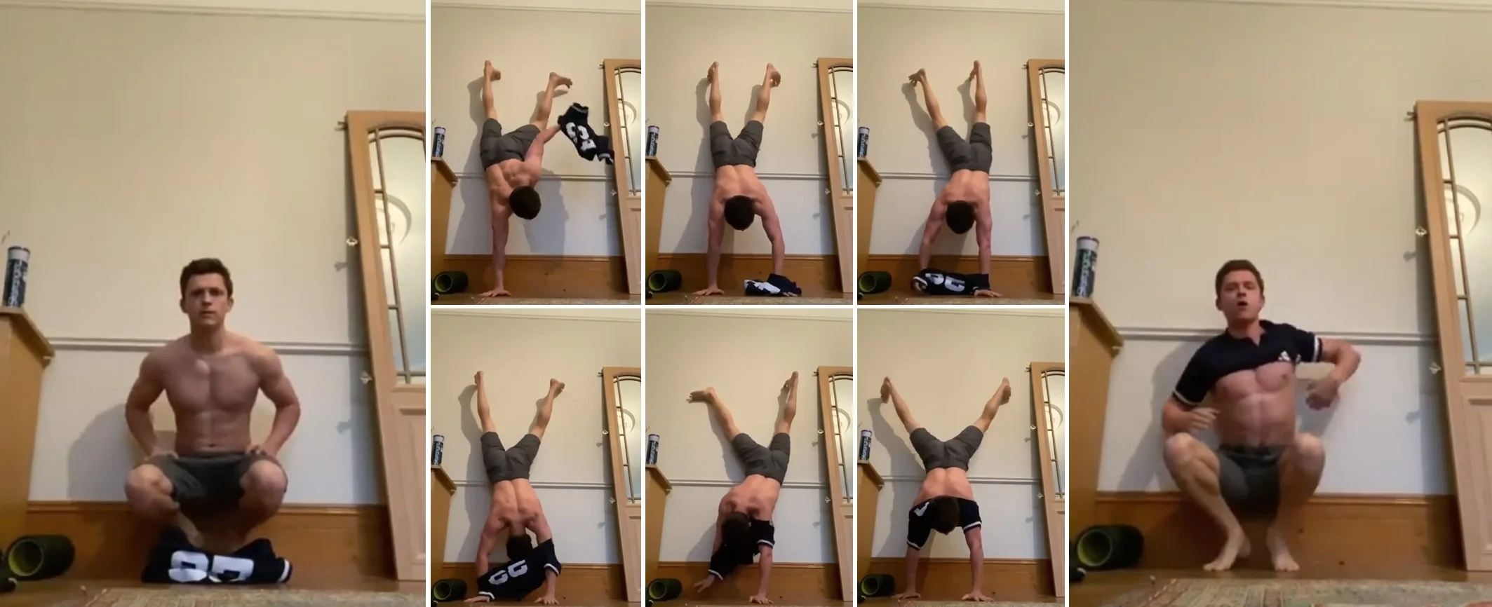 Holland赤裸上身，倒立穿衣，結果挑戰成功。