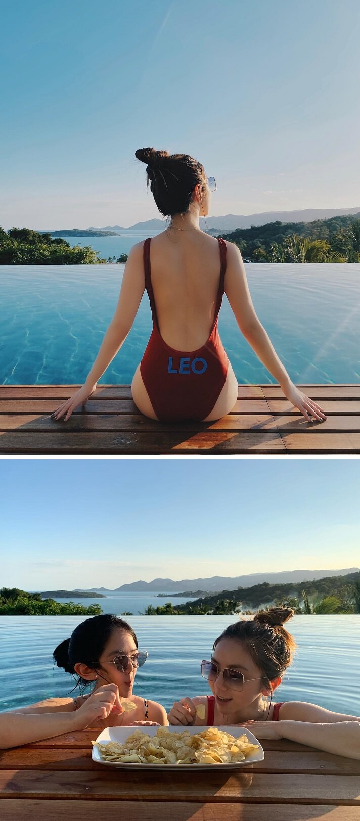 G.E.M與妹妹在泳池邊留影，背景似在熱帶地方，與傳聞舉辦婚禮的泰國有吻感之處，難道惹人聯想。