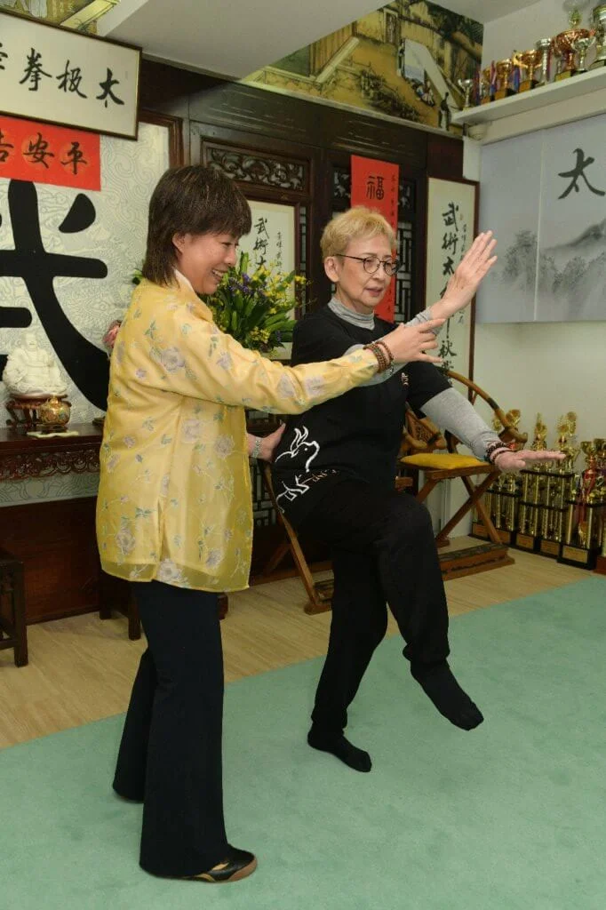金雞獨立﹕重心在左腳或右腳，另一腿提膝。 要求：上下相隨垂直中正，一手按在腹前，另一肘與提膝相對。 