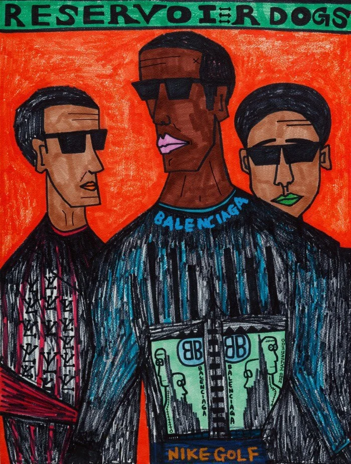 向《落水狗》致敬的畫作,側寫消費主義和流行文化的影響。
