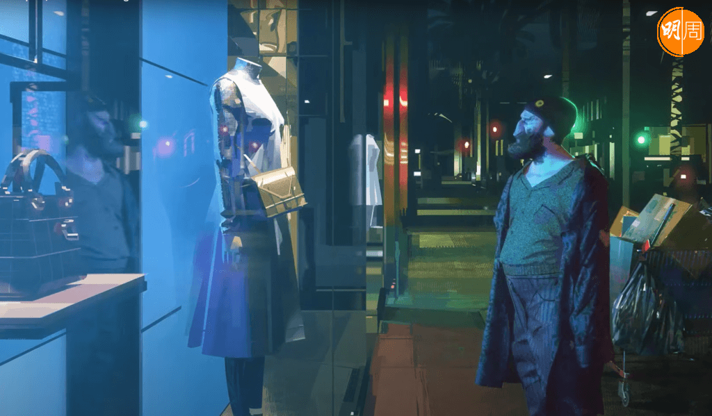 導演繪下露宿者在中環區名店前路過。