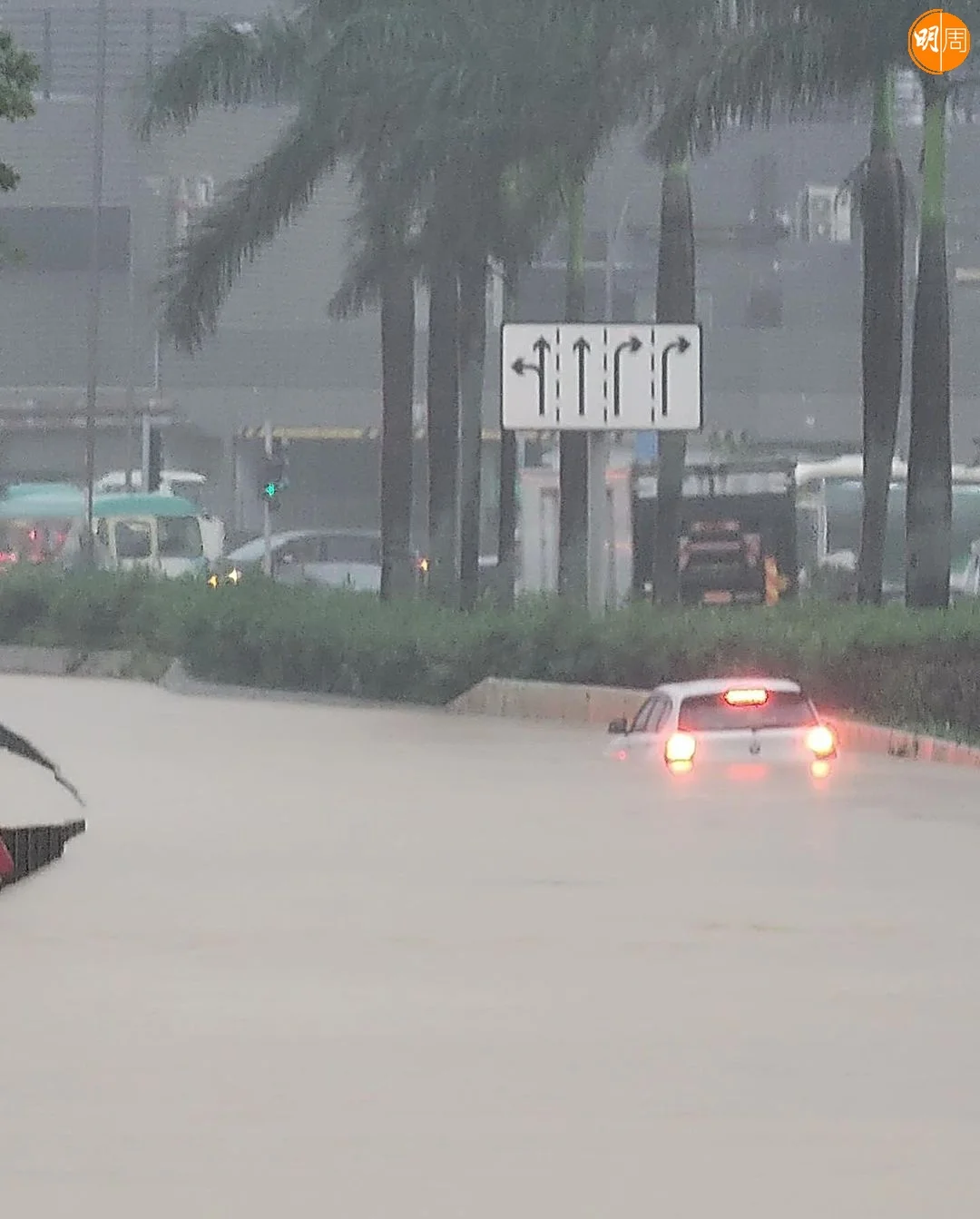 大半邊車身浸在水中的畫面，登上央視新聞。